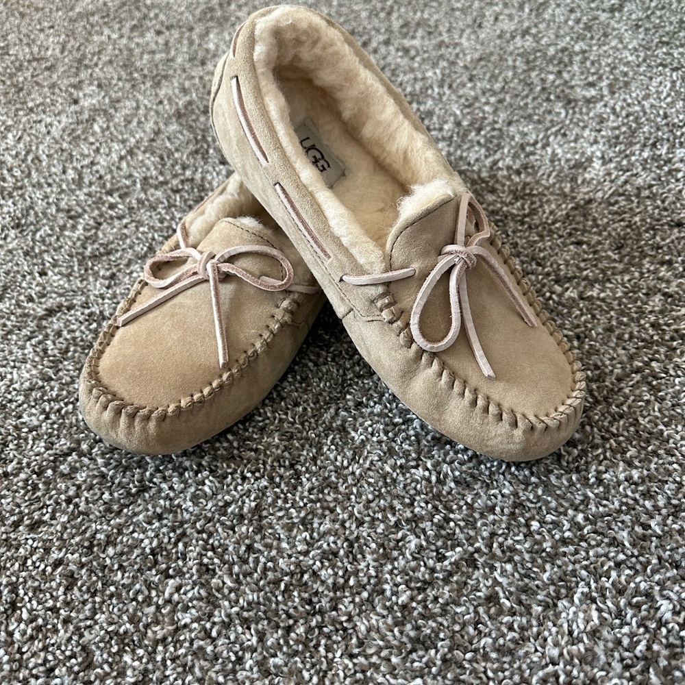 UGG Tan and Pink Dakota Moccasin Slippers
